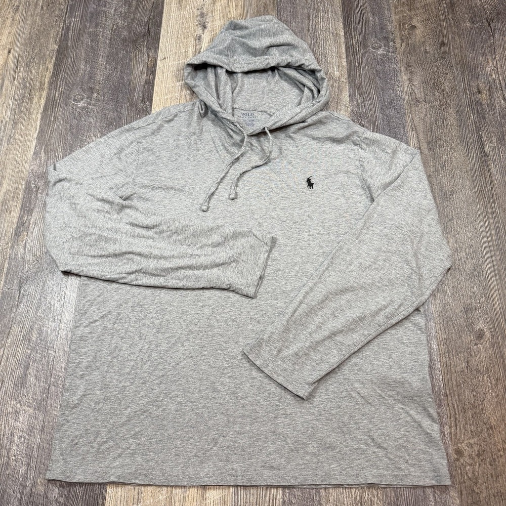 Polo Ralph Lauren Mens L Gray Hooded Long Sleeve T-Shirt Pony Logo Lightweight